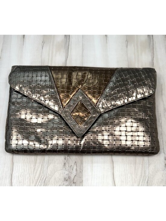 Unbranded Handbags - VTG 1980s 13.5"x8.5" Two-Tone Gold Leather Lattice Design CLUTCH Purse Strap USA